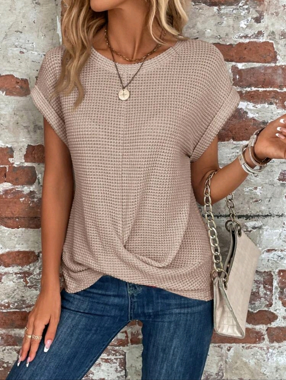 Waffle Knit Twist-Front Short Sleeve Top - Cream Sizes 4 6 8 12 & 14